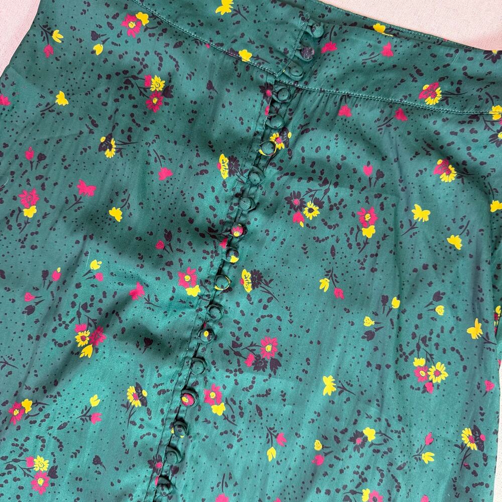 Free People Satin Green Ditsy Floral Maxi Skirt Women's 8 Button Front Slit Boho